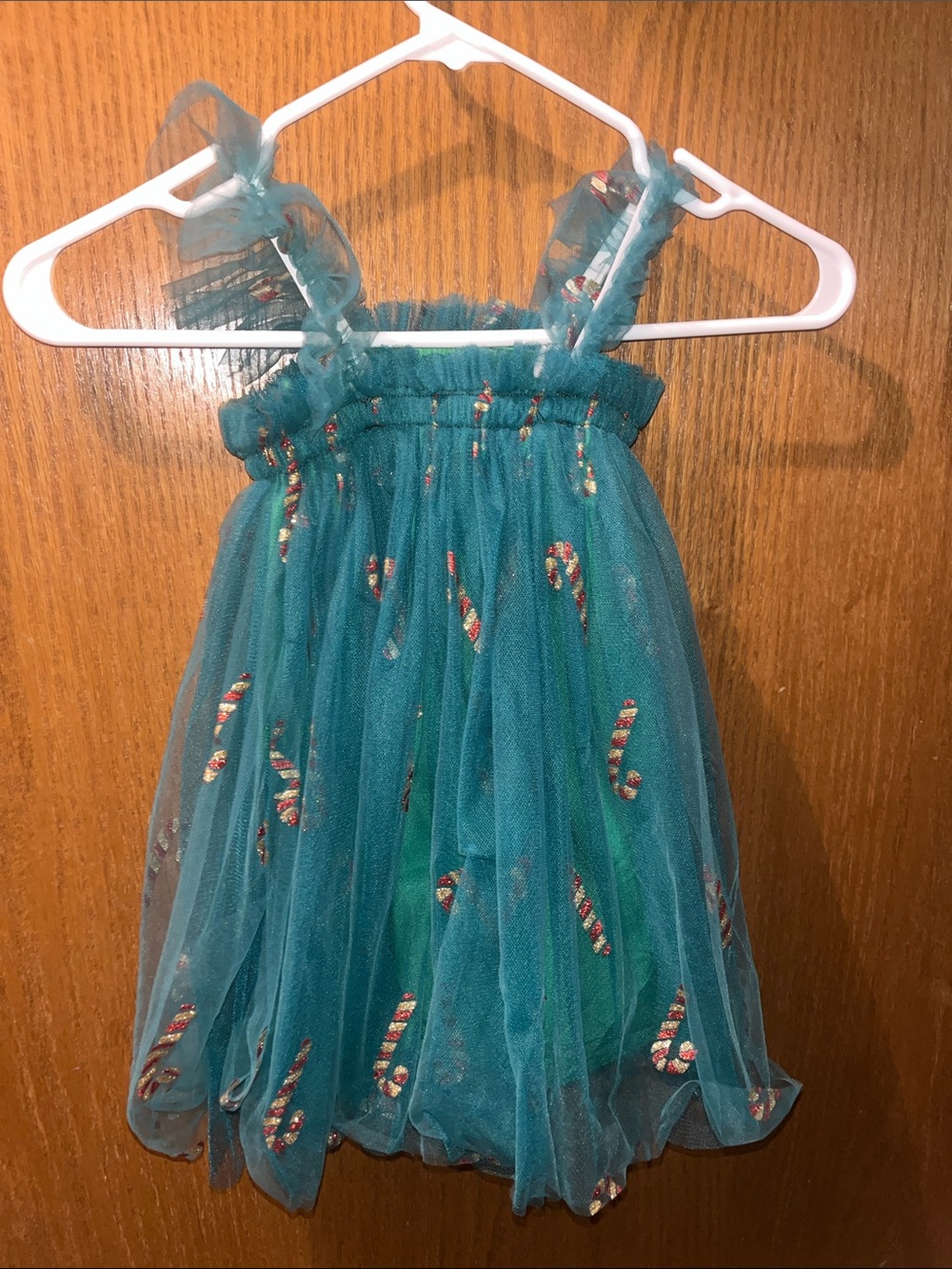 Teal Tulle Dress with Candy Cane Sequin Accents